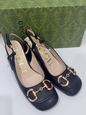Gucci Black Leather Horsebit Slingback Heels